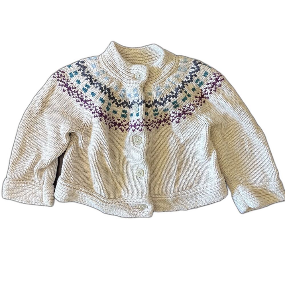 Tea Collection 3T Fair Isle Nordic Cream Cotton Knit Cardigan Sweater